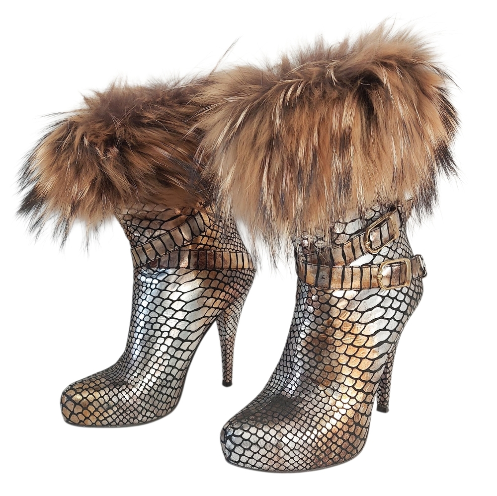 Gizia Fur Metallic Snakeskin Buckle High Heeled Ankle Boots 36 EU Edgy Glam Chic